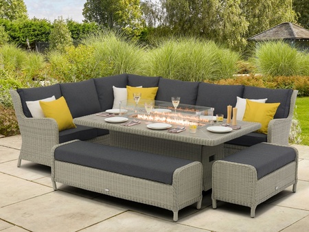 Bramblecrest Chedworth Dove Grey Rattan L-Shape Sofa with Rectangle Firepit Table & 2 Benches - image 1