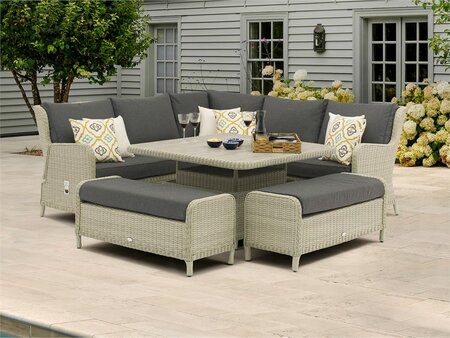 Bramblecrest Chedworth Dove Grey Rattan Reclining Corner Sofa w/Square Adjustable Table & 2 Benches - image 1