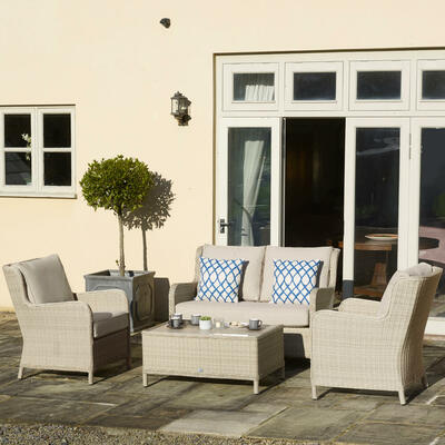 Bramblecrest Chedworth Sandstone Rattan 2 Seater Sofa with Rectangle Coffee Table & 2 Armchairs