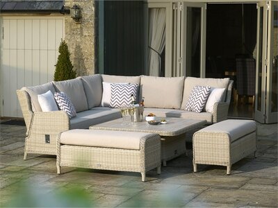 Bramblecrest Chedworth Sandstone Rattan Reclining Corner Sofa w/Square Adjustable Table & 2 Benches - image 1