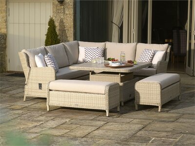 Bramblecrest Chedworth Sandstone Rattan Reclining Corner Sofa w/Square Adjustable Table & 2 Benches - image 2