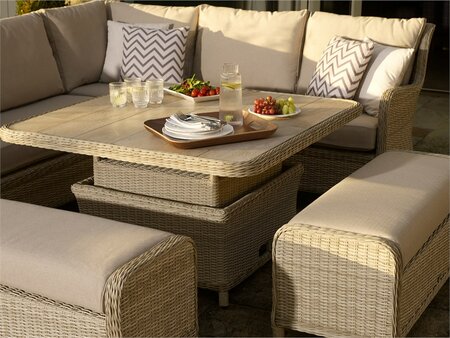 Bramblecrest Chedworth Sandstone Rattan Reclining Corner Sofa w/Square Adjustable Table & 2 Benches - image 3