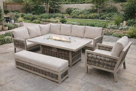 Ecru Large Rectangular Corner Sofa Set with Firepit Table and Armchair