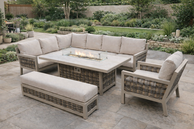 Ecru Large Rectangular Corner Sofa Set with Firepit Table and Armchair