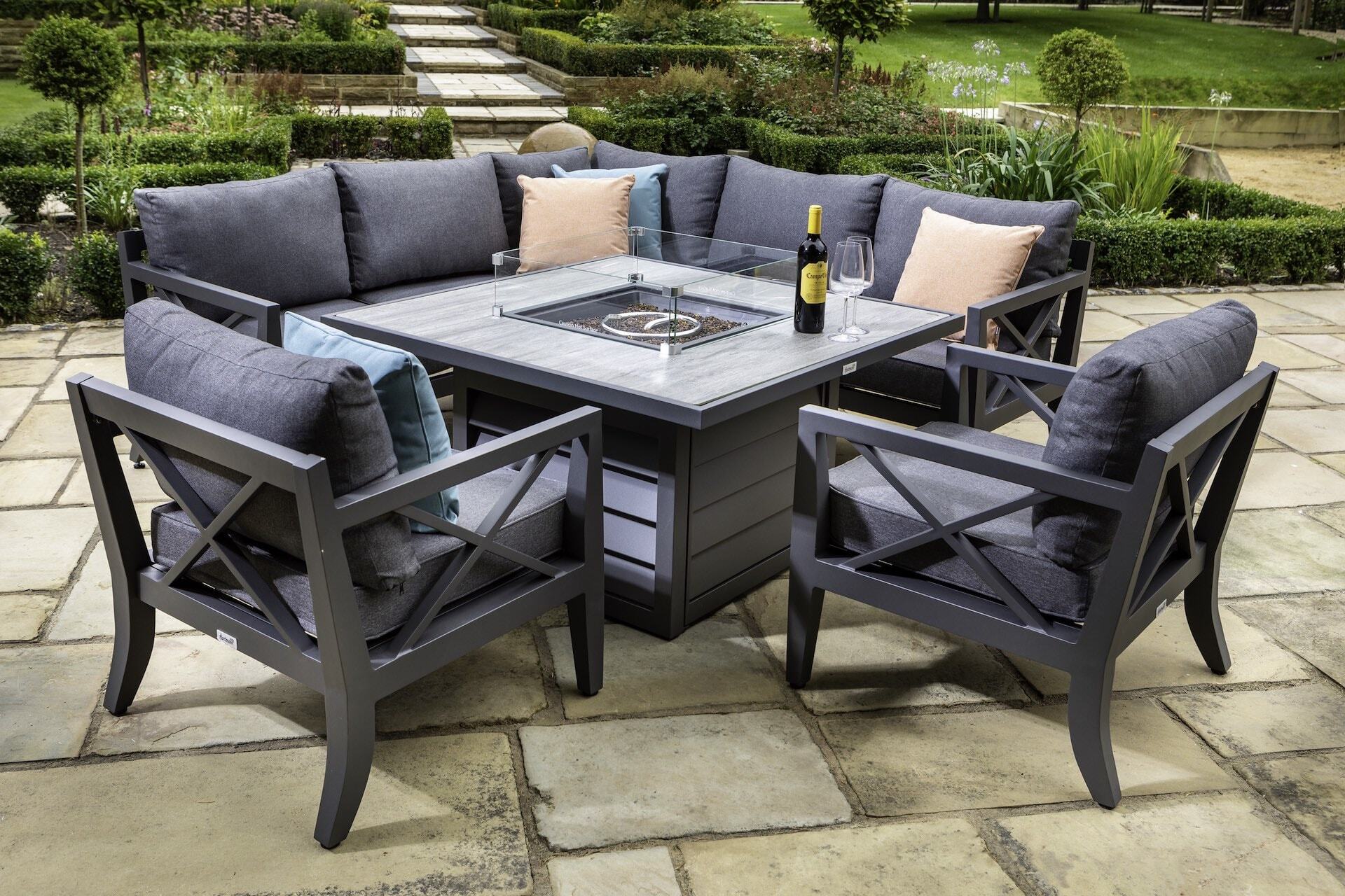 Sorrento Square Firepit set with Lounge Chair Birkacre Garden Centre