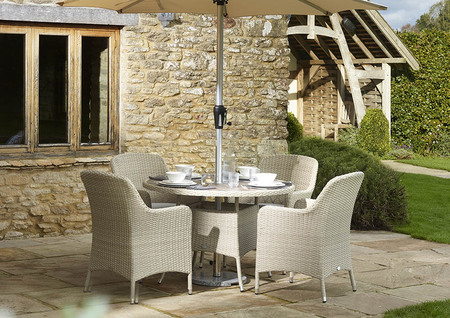 Tetbury 110cm Round Table with 4 Armchairs, Parasol & Base - Nutmeg